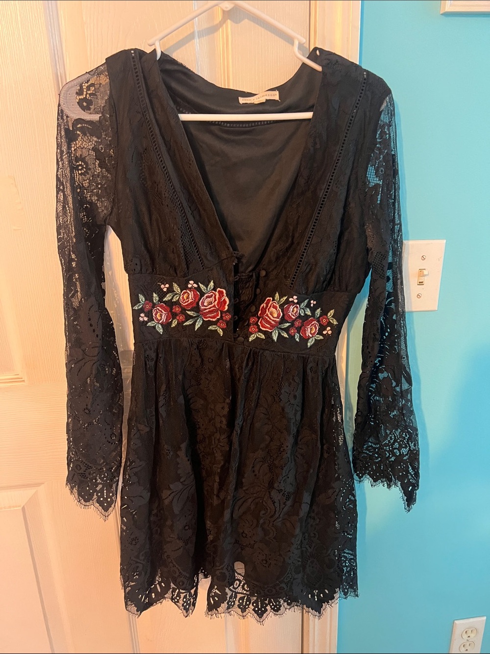 Black Lace Dress with Red Rose Embroidery